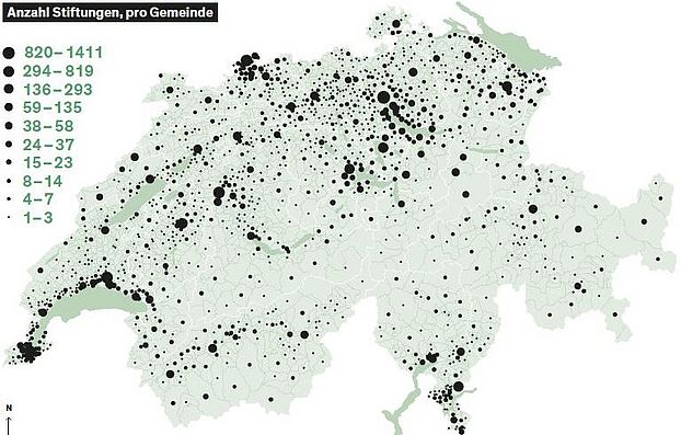 Map of Switzerland green-white with distribution of foundations per municipality
