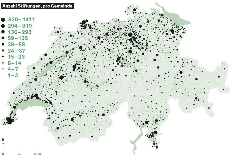 Karte Schweiz grün-weiss mit Verteilung Stiftungen pro Gemeinde