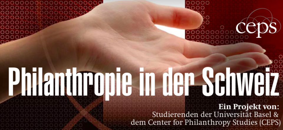 Geöffnete Hand auf rot-weissem Hintergrund - Zugang zu Posterprojekt Philanthropie in der Schweiz